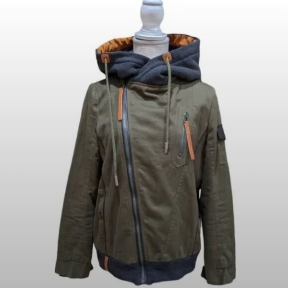 Naketano Asymmetrical Olive Green Diagonal Zip Jacket w/ Hood Size S/M - Picture 10 of 10